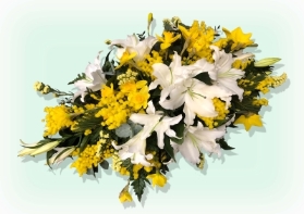 White and yellow trug basket arrangement